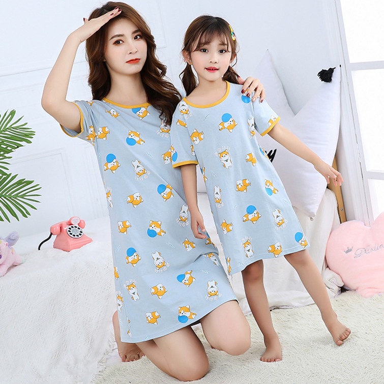 Đầm Ngủ Tay Ngắn Chất Liệu Cotton Thời Trang Xuân Hè Cho Mẹ Và Bé Kích Thước 100-180cm