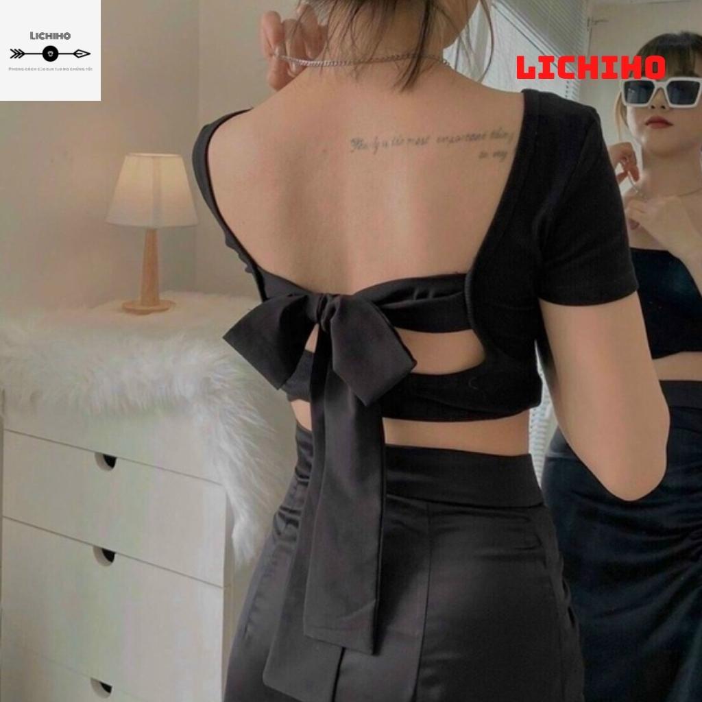 Áo croptop cổ vuông buộc nơ sau lưng CT10 LICHIHO áo thun nữ mềm mịn quyến rủ | BigBuy360 - bigbuy360.vn