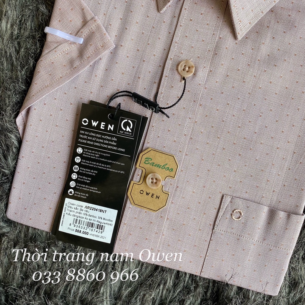 OWEN - Aó sơ mi ngắn tay Owen Regular fit chất sợi tre màu nâu  chấm bi 220418