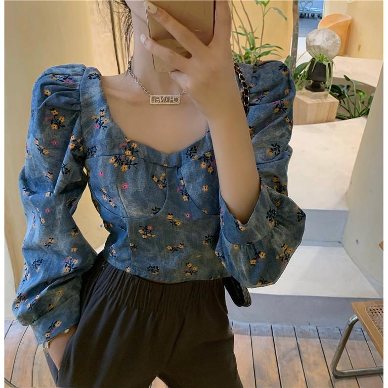 Áo Kiểu Cổ Vuông In Họa Tiết Phong Cách Retro Cho Nữ  tao bao