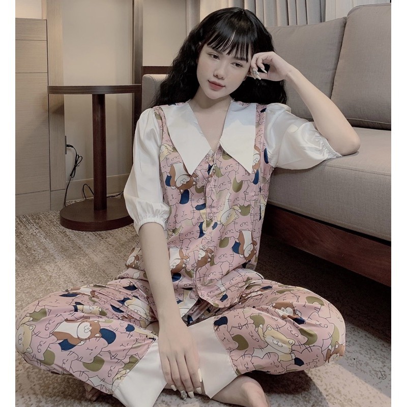 Đồ Bộ Pijama Lụa Tiểu Thư Latin Cao Cấp🌸Tay Lỡ Cổ Nhọn☘️Đồ Ngủ Nữ