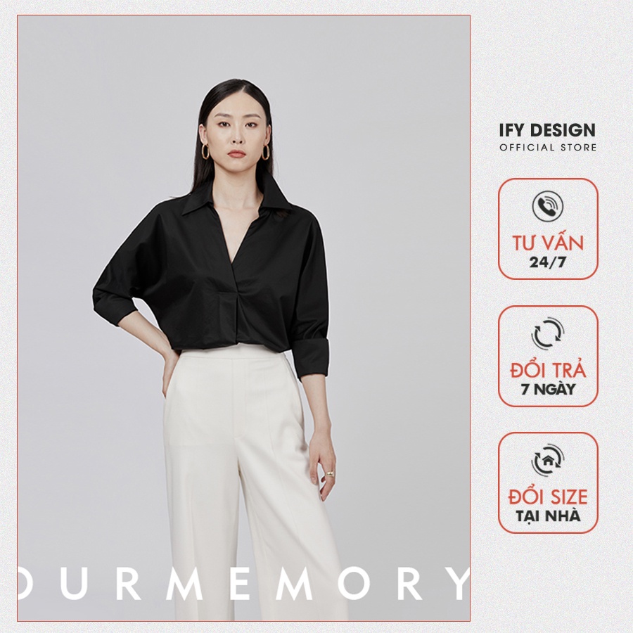 Set sơ mi nữ | Áo sơ mi đen, quần baggy đen trắng IFY Design FS77AĐE, FS81Q