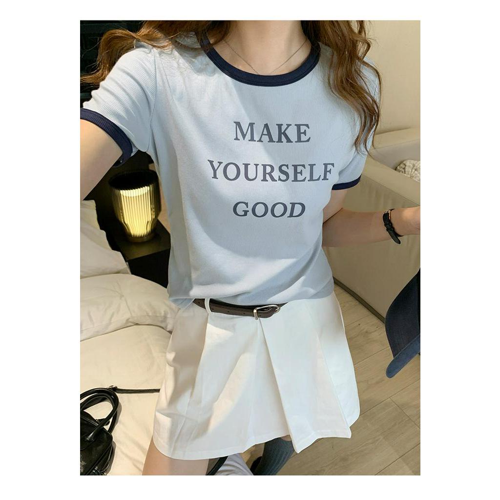 Áo Thun Tay Ngắn In Chữ Màu Sắc Tương Phản Phong Cách Hàn Quốc Thời Trang Mùa Hè 64002