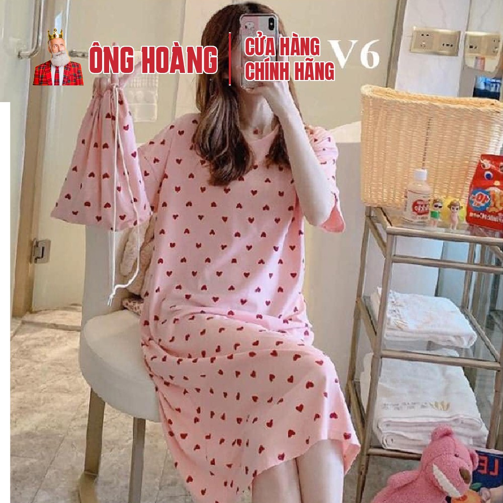 Váy ngủ cộc tay đầm ngủ dáng suông chất cotton mềm mát họa chấm bi rốt dễ thương