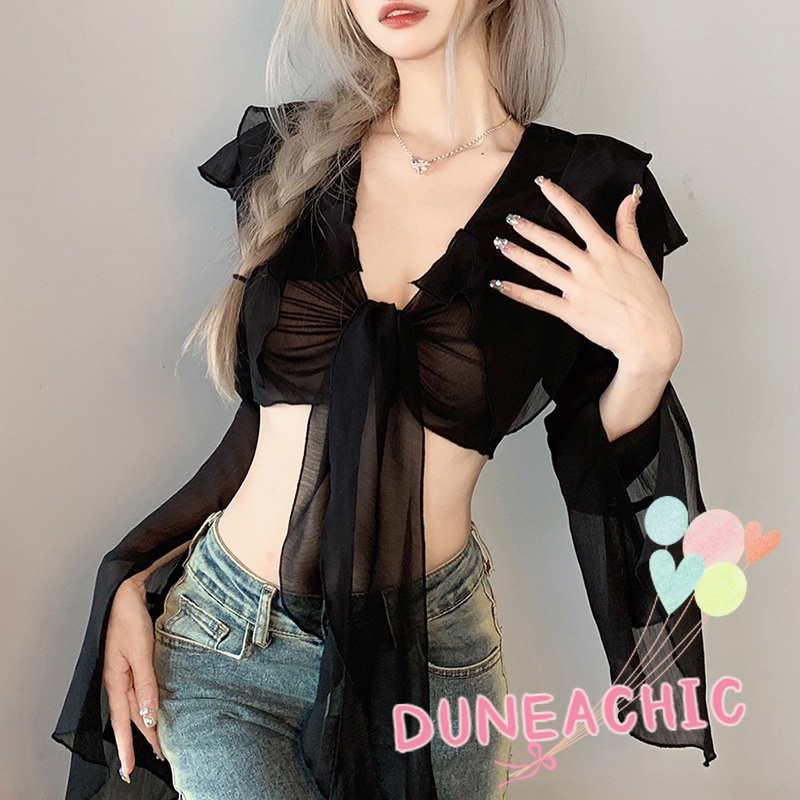 DUNEA Áo Croptop Tay Dài Phối Lưới Phong Cách Quyến Rũ Cho Nữ