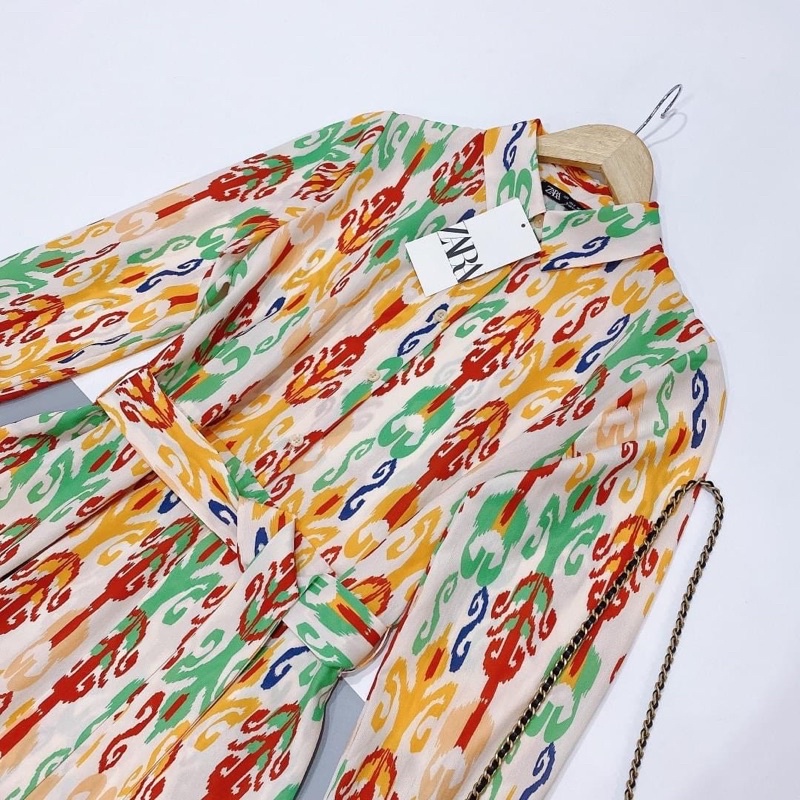 Đầm Sơ mi Zara lụa cát siêu mềm mịn kèm dây eo