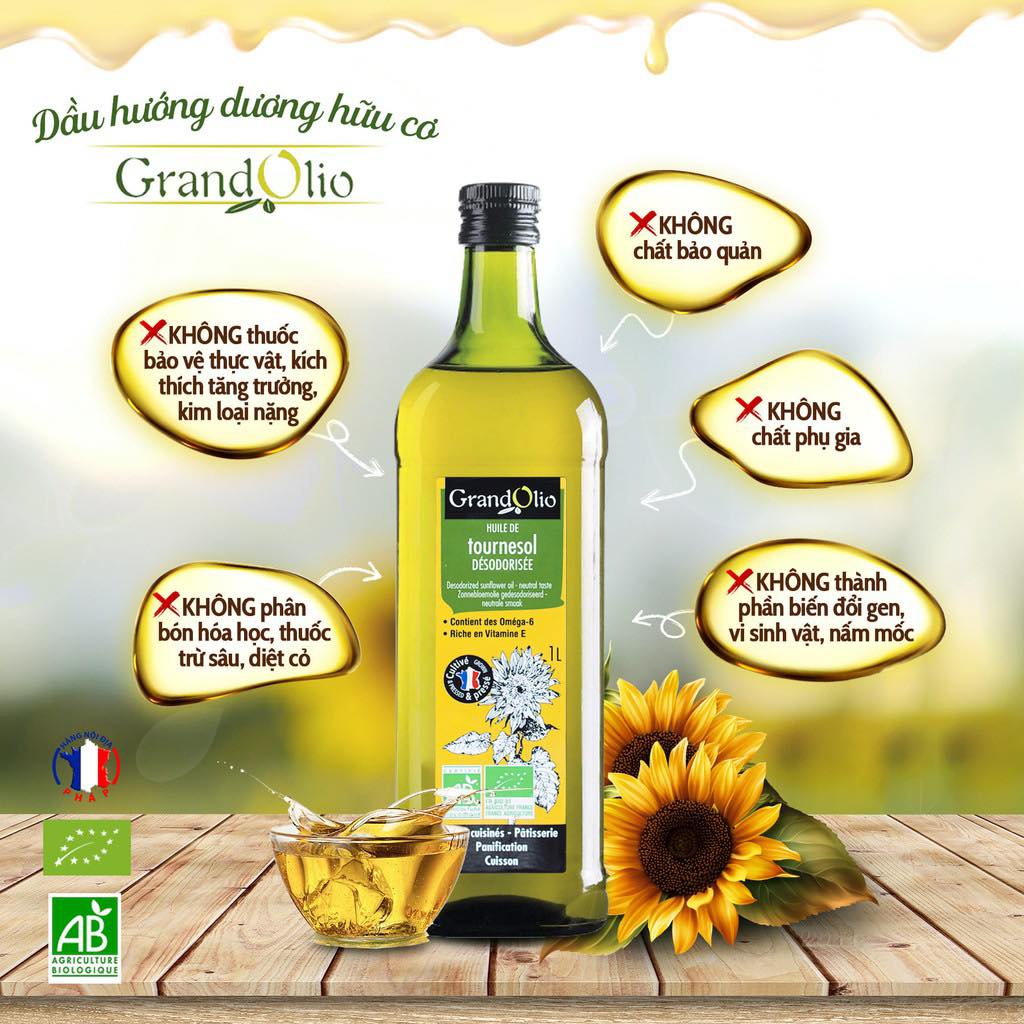 Dầu ăn hướng dương hữu cơ Grand Olio 1L Pháp