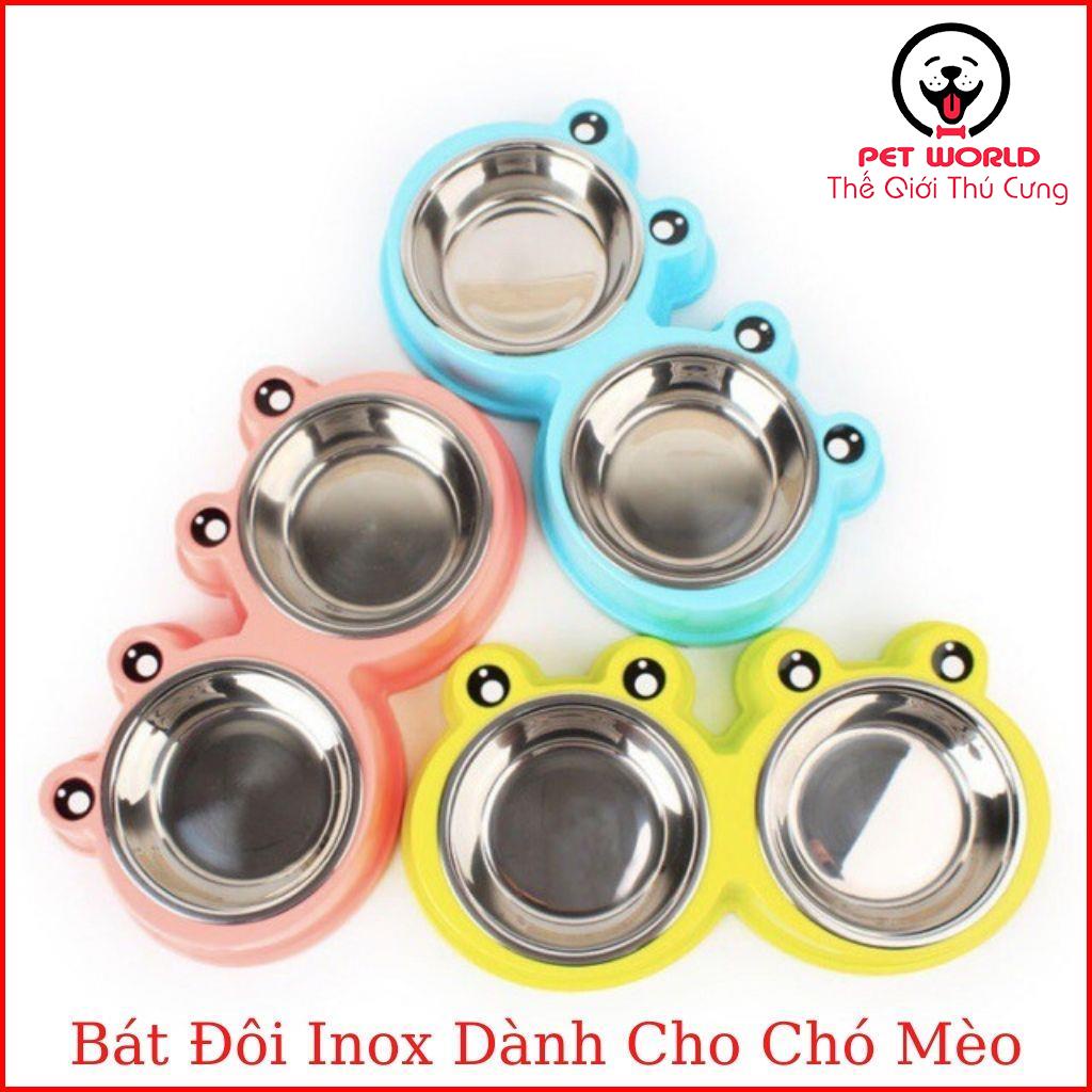 Bát ăn 2 ngăn hình ếch lòng inox cho chó mèo thú cưng