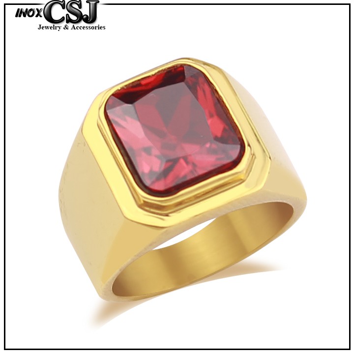 NHẪN NAM INOX MẠ VÀNG TRƠN ĐÁ ĐỎ CỰC ĐẸP - tặng hộp đựng xinh xắn