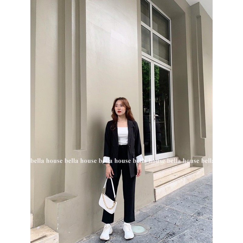 Áo blazer đen tay phối kẻ & quần baggy | BigBuy360 - bigbuy360.vn