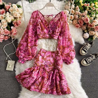 Set váy voan hoa hồng