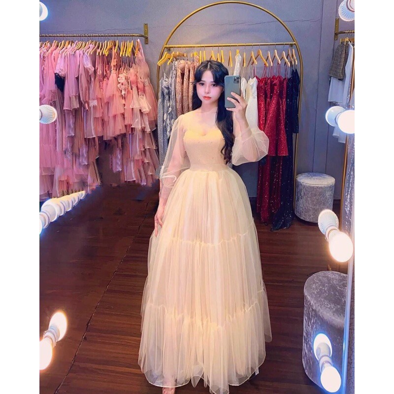 ĐẦM XÒE KIM TUYẾN TAY DÀI ĐÍNH CƯỜM