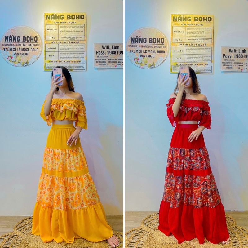 Maxi hoạ tiết vintage trễ vai bèo tay cực xinh.