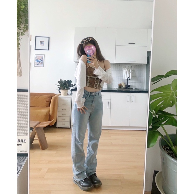 JANET STUDIO • Áo 2 dây ca rô nâu