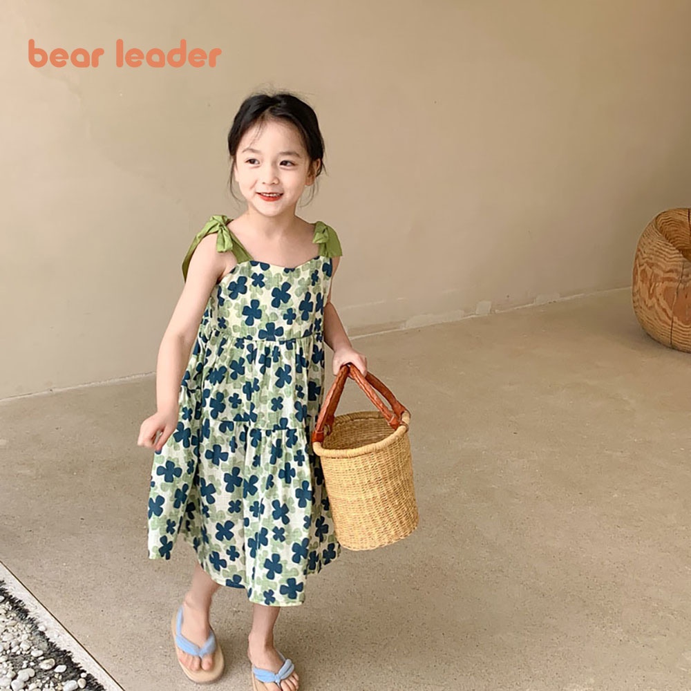 Đầm BEAR LEADER hai dây cột nơ họa tiết hoa thời trang mùa hè 2022 xinh xắn cho bé gái 3-7 tuổi