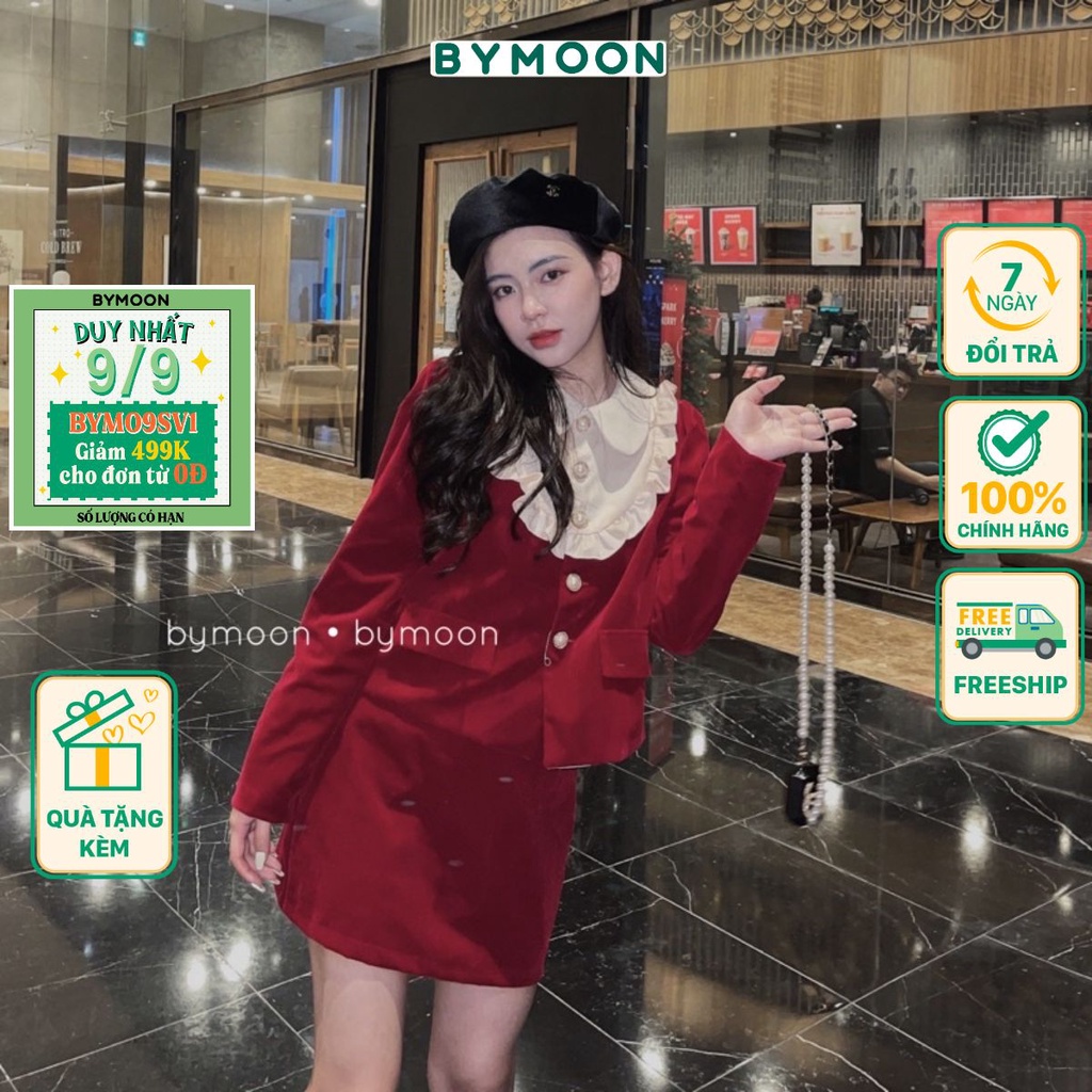 Set Váy Nhung Đỏ kèm quần váy thời trang thiết kế ảnh thật BY MOON S006