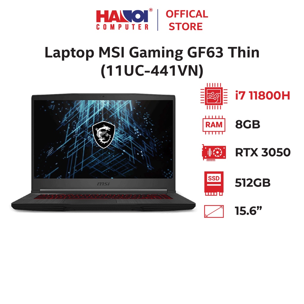 Laptop MSI Gaming GF63 Thin (11UC-441VN) (i7-11800H/8GB RAM/512GB SSD/RTX3050 4GB/15.6 inch FHD 72% NTSC/Win10/Đen)