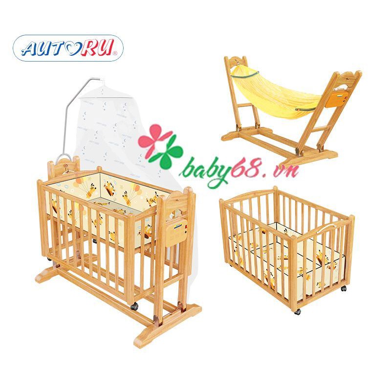 Nôi gỗ tự động đa năng Autoru AUWCH4 kèm mùng + nệm + quây