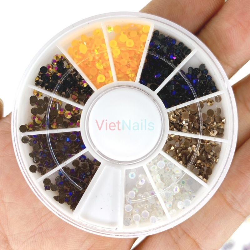 Khay tròn 12 ô đá chân bằng gắn móng hình hạt gạo, đá đính móng nail
