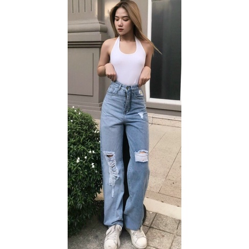 [ ORU31 ] QUẦN JEAN ỐNG RỘNG NỮ LƯNG CAO THÊU HOA CÚC PHỐI LOANG MÀU XANH RÁCH LAI CUỐN CAO CẤP UTI