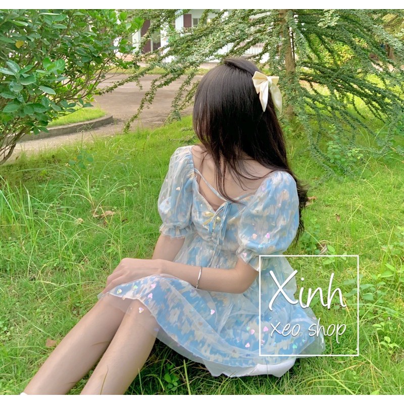 Váy loli babydoll tay bồng xanh