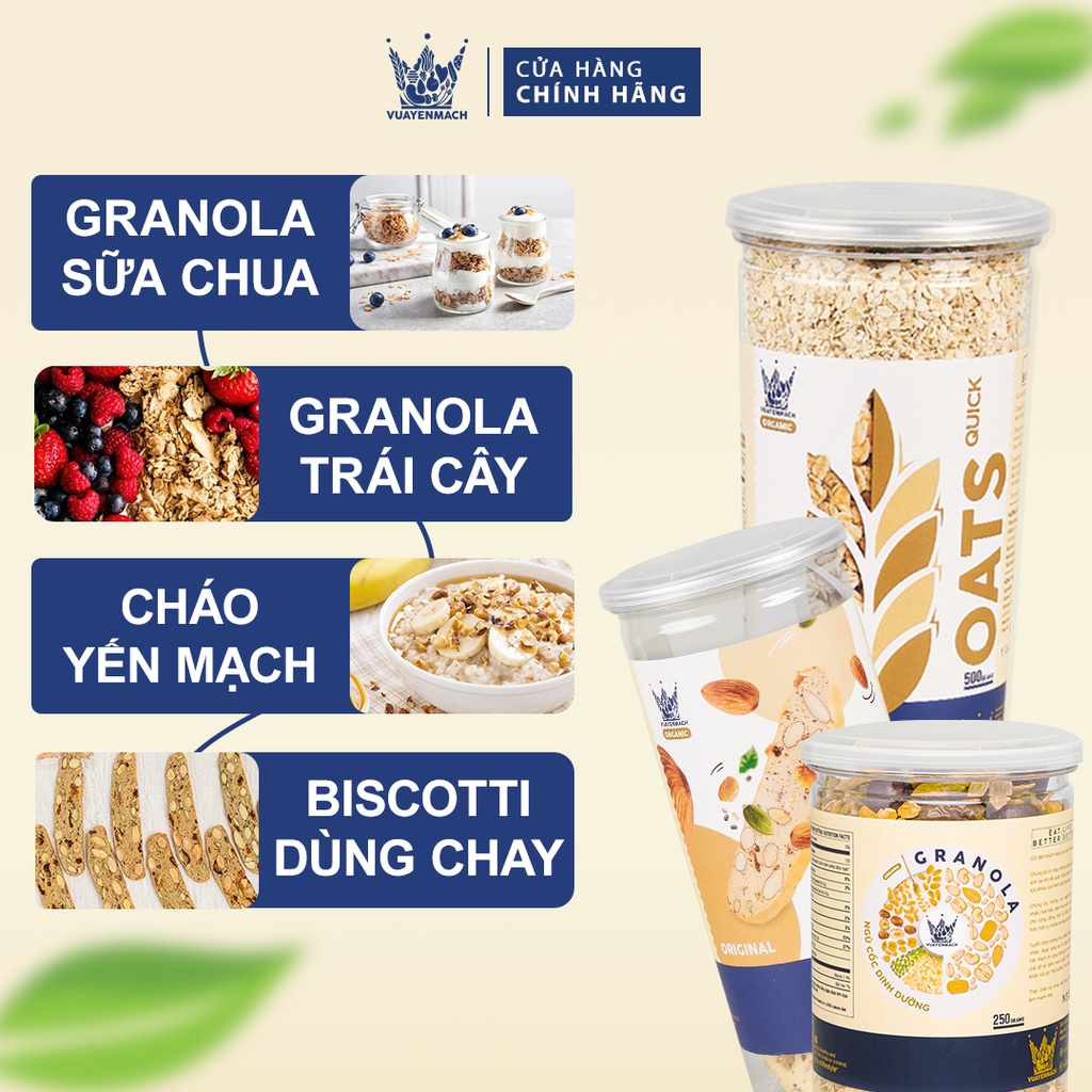 [Mã BMLT35] [SET ĂN KIÊNG 1] Granola 250gr + Yến Mạch 500gr + Bánh Biscotti Original Vua Yến Mạch 250gr