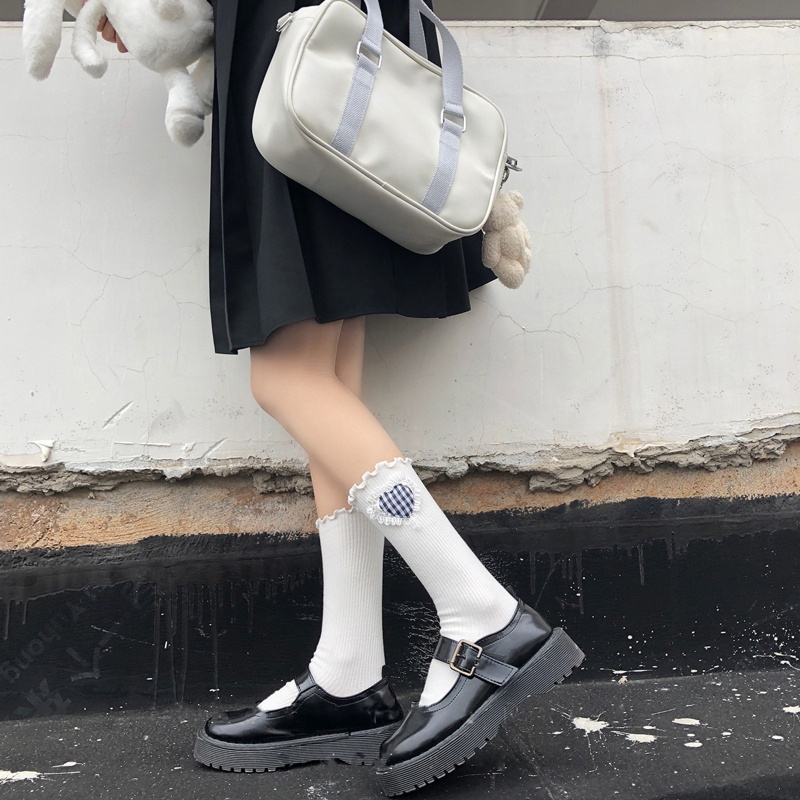 Tất Bắp Chân Cotton Họa Tiết Caro / Trái Tim 3D Phối Bèo Ngọt Ngào Phong Cách Lolita Cho Nữ