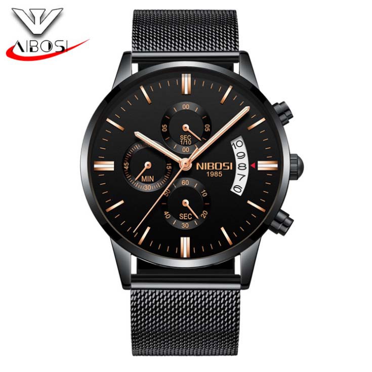 Đồng hồ nam Nibosi 1985 NI2309 DÂY LƯỚI chạy 6 kim - Full Đen kim vàng | BigBuy360 - bigbuy360.vn