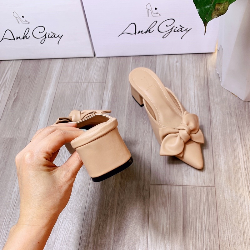 DL56 - Sục nữ mũi  nhọn da lì nơ gót vuông 4p VNXK cực xinh phù hợp đi học đi làm đi chơi du lịch