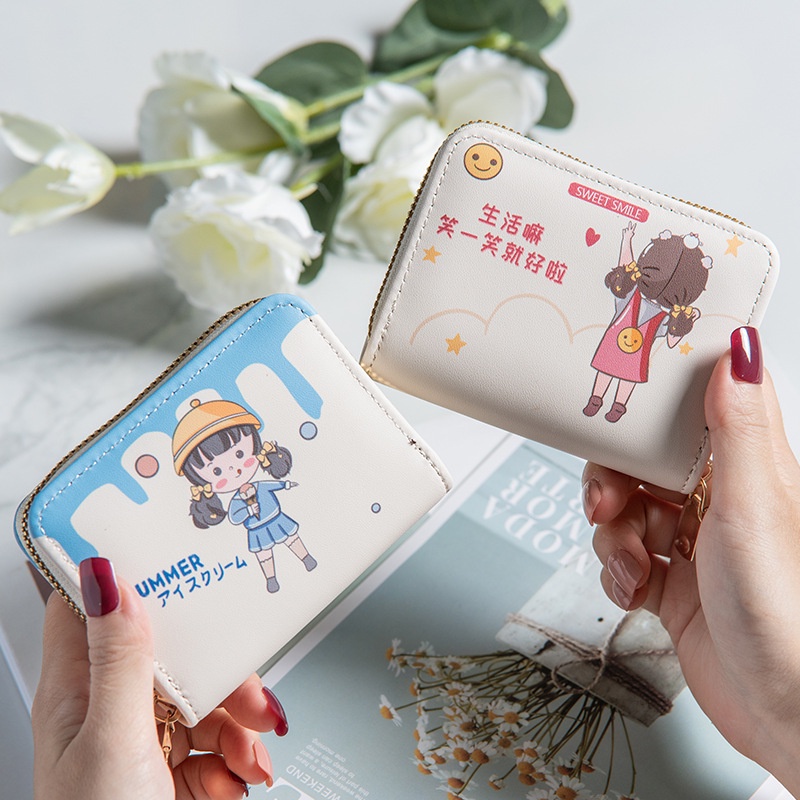 Ví Da PU Mini Cầm Tay Họa Tiết Cô Gái Summer Xinh Xắn Nhiều Ngăn Có Khóa Kéo Bóp Nữ Cute Hot Trend Dễ Thương