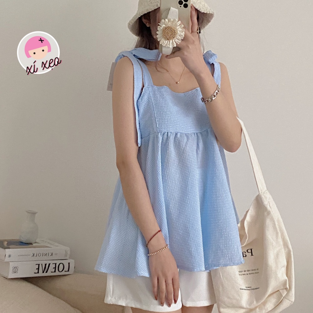 Set áo hai dây buộc nơ vai kèm quần sooc trắng xixeoshop - v42