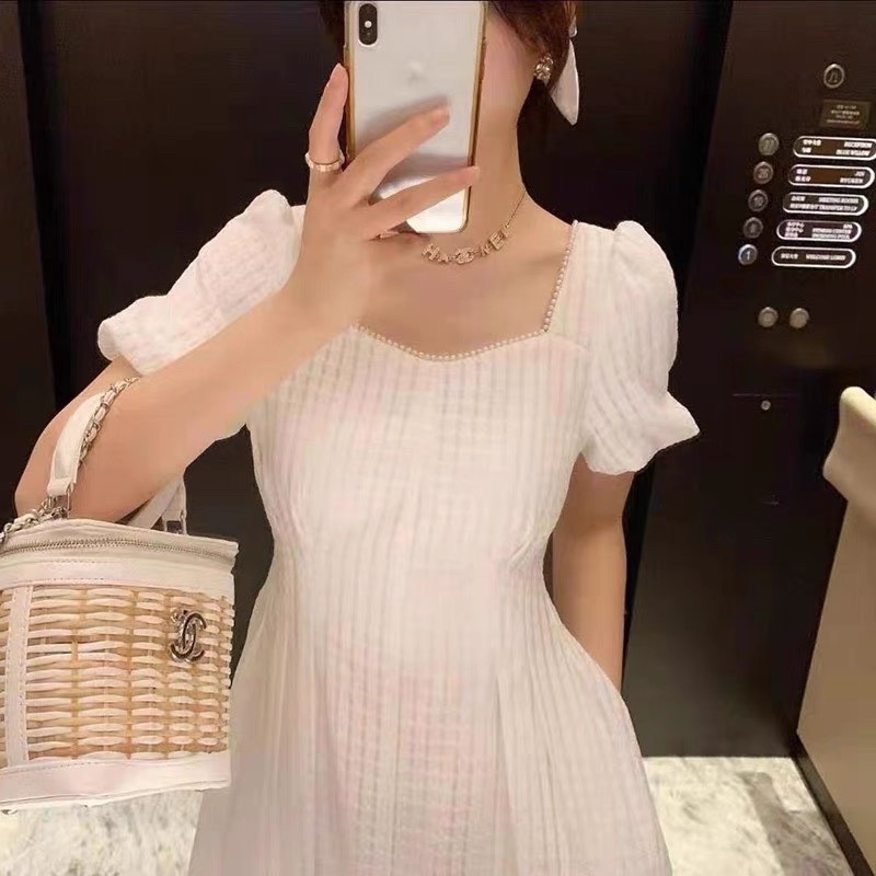 ĐẦM TRẮNG Ô NHÍ TAY BO CỔ VIỀN HẠT XẺ TÀ