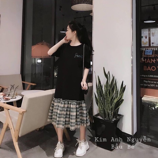 Đầm suông phối caro