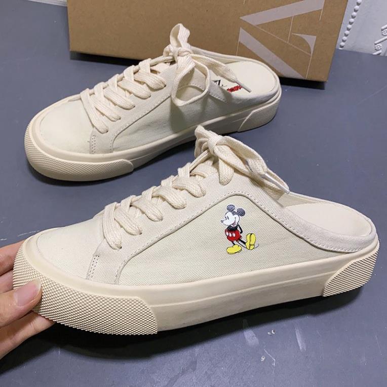 🌺Giày Thể Thao nữ hở gót, sục mickey, giày đạp gót zara vải canvas in hình chuột mickey ࿐