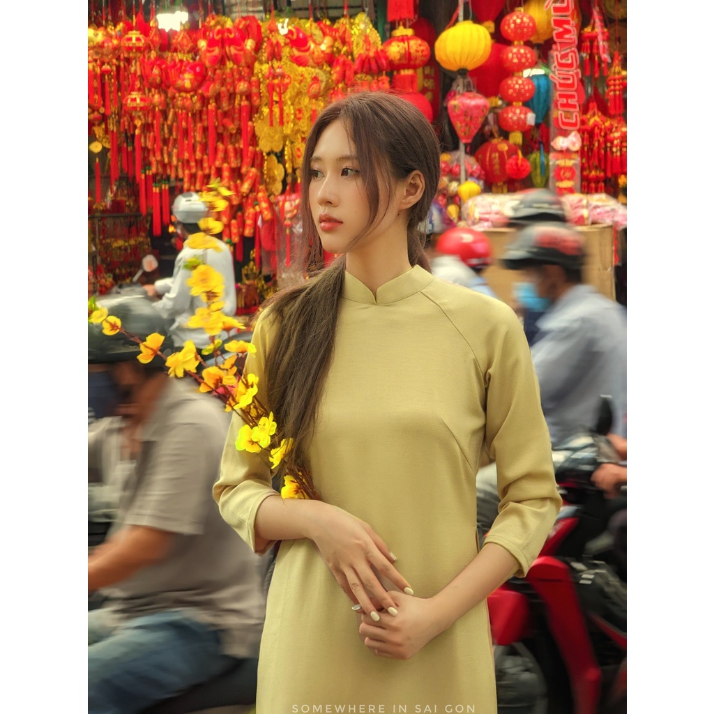 Set Áo dài Rosemary Lụa Tây Thi Vàng Cải Chua