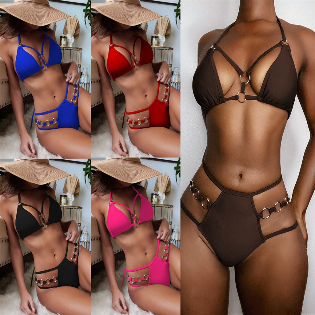Bộ đồ bơi bikini hai mảnh màu trơn có vòng kim loại