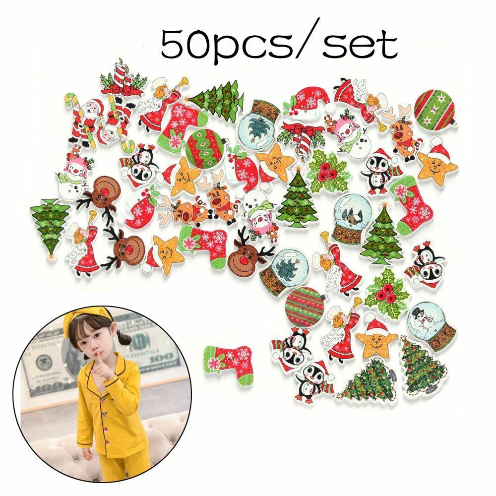 Set 50 nút cài áo trang trí album/đồ thủ công 2 lỗ phong cách Giáng sinh dễ thương