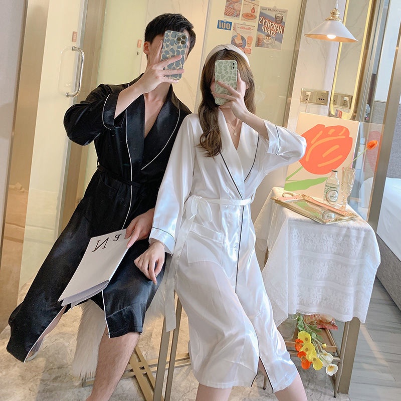 Áo choàng ngủ dài tay vải lụa mát size lớn mặc ở nhà và ngoài trời kiểu mùa thu đông thoải mái cho cả nam và nữ