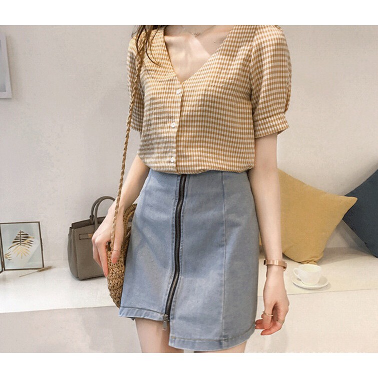 Áo sơ mi cổ tim ngắn tay phong cách Hàn Quốc thanh lịch dành cho nữ