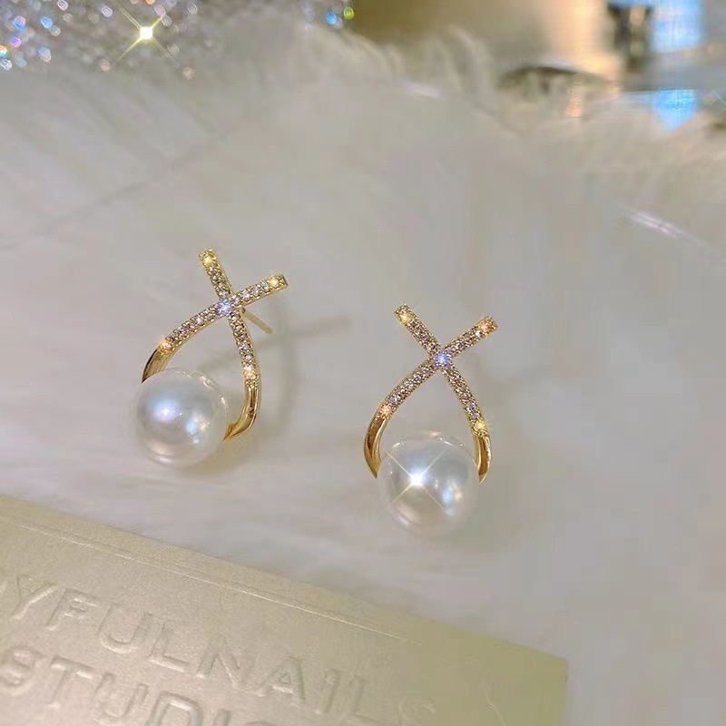 Bông Tai Chữ X Đính Ngọc Trai Phong Cách Pháp Cho Nữ