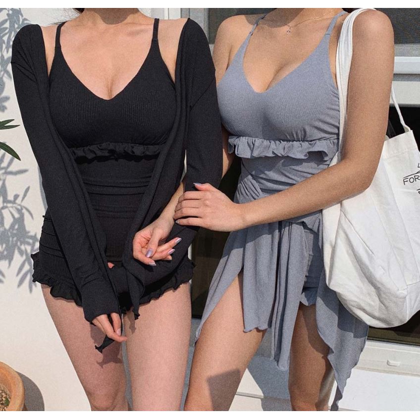 (Hình thật, có sẵn) Bikini một mảnh kèm áo khoác kín đáo Hàn Quốc, màu xám, đen, đồ bơi đồ đi biển chống nắng cao cấp