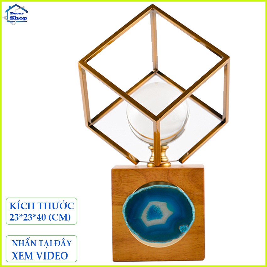 Quả cầu pha lê phong thủy trong suốt đế gỗ đính đá mã não xanh cao 40cm để bàn, kệ tủ TV & quà tặng
