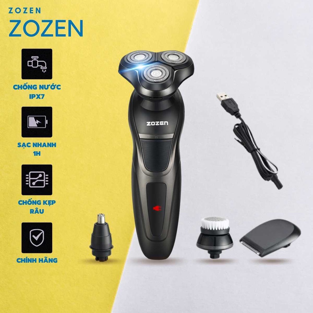 Máy cạo râu đa năng 3 lưỡi kép Zozen đen trơn, Máy cạo râu cạo sát, êm, sạc pin nhanh, chống nước,