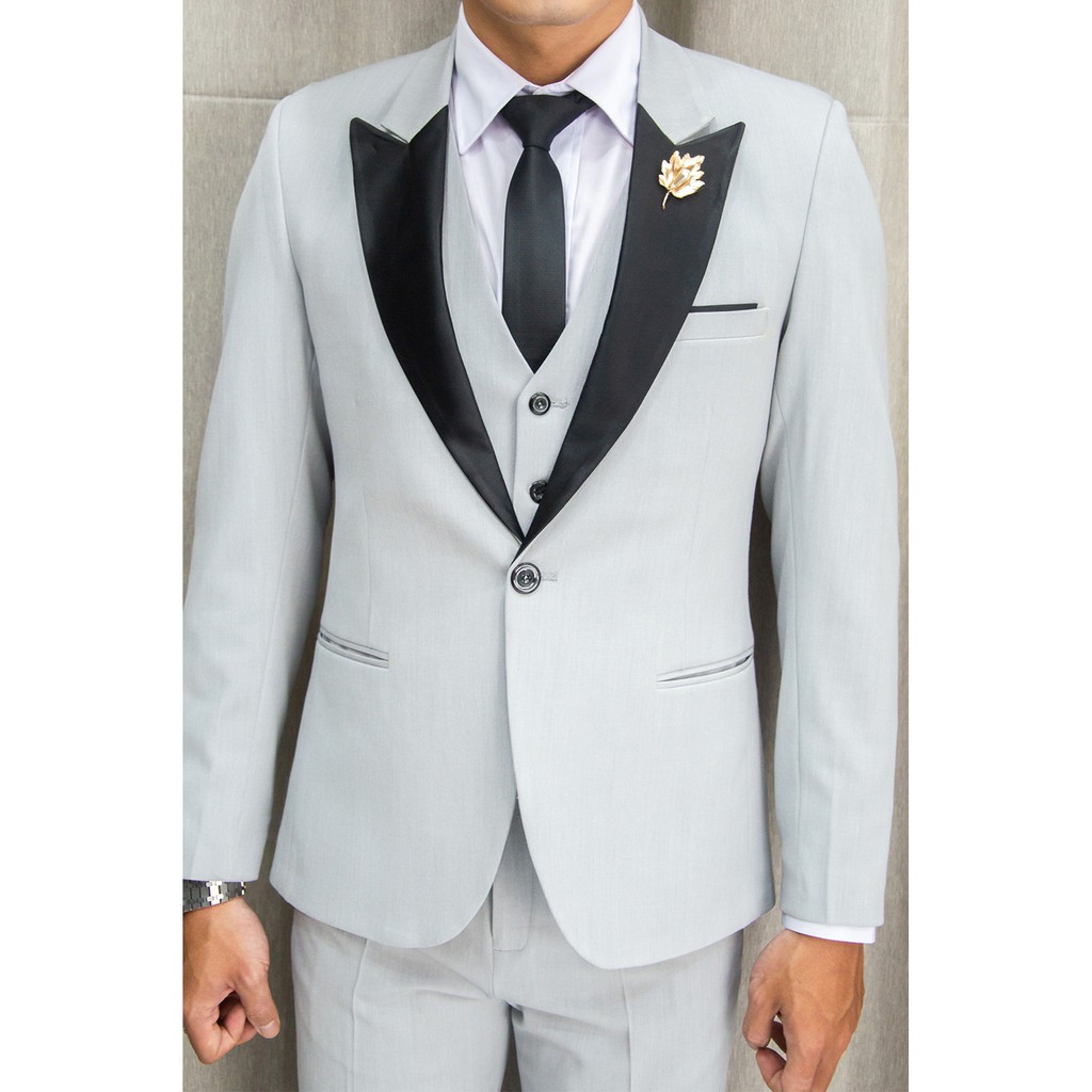 Bộ vest nam và gile sơ mi ôm body màu xám cổ ve ngóc phi đen