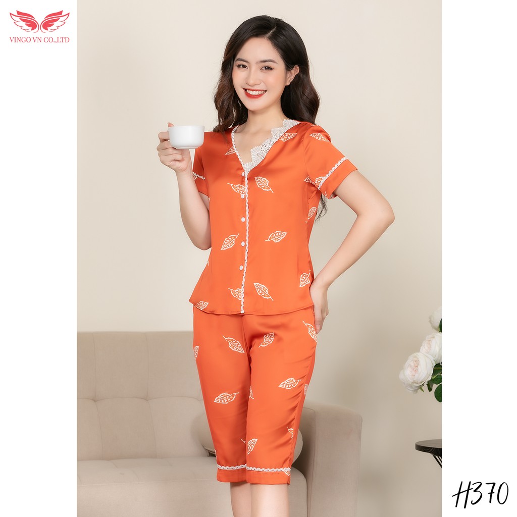 VINGO Bộ Pijama Mặc Nhà Nữ Lụa Pháp Cao Cấp Phối Viền Ren Tay Cộc Quần Lửng Họa Tiết Lá Tinh Tế H370 VNGO - TCQL