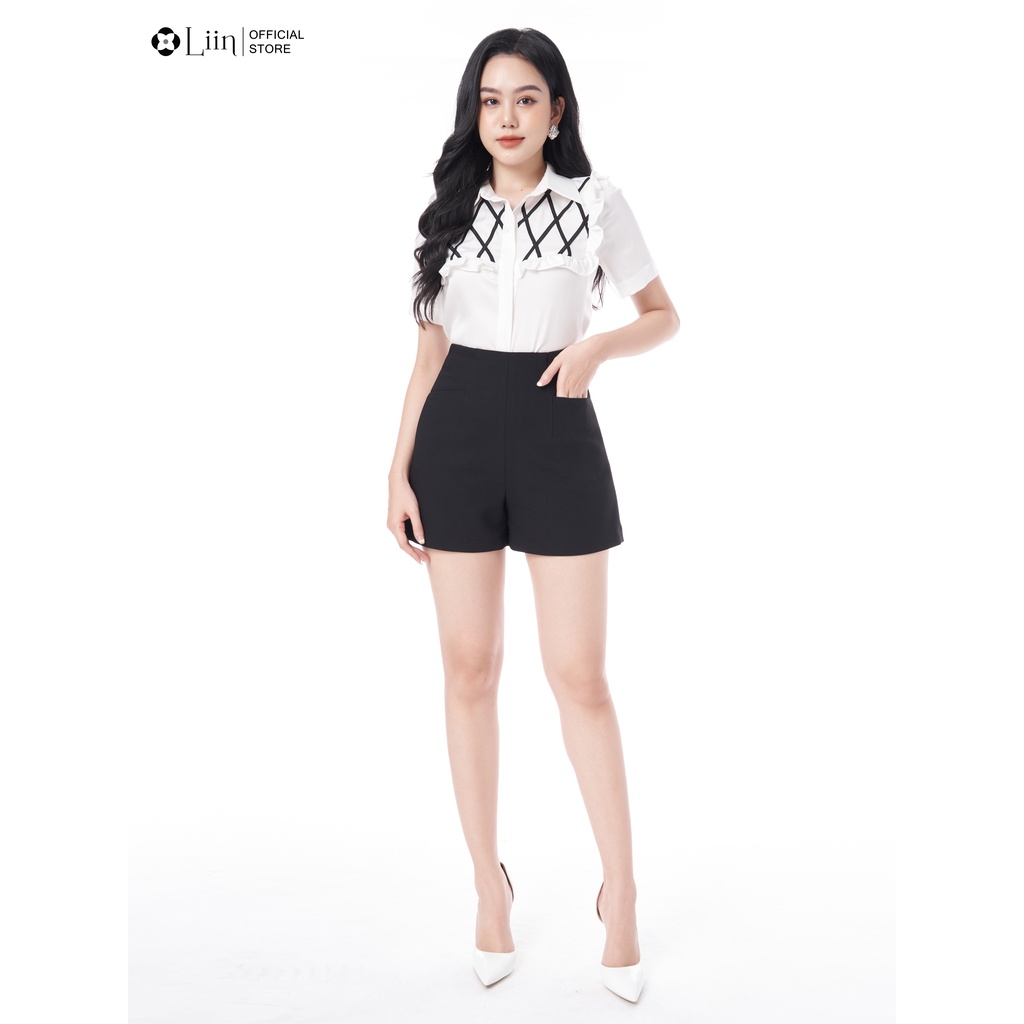 Áo sơ mi nữ linbi cao cấp ngắn tay màu trắng mix đai chéo màu đen thanh lịch liin clothing SM4322