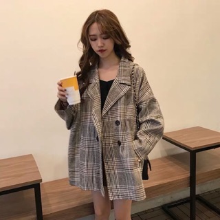[order] Áo khoác dạ kẻ (xám, trắng) form rộng