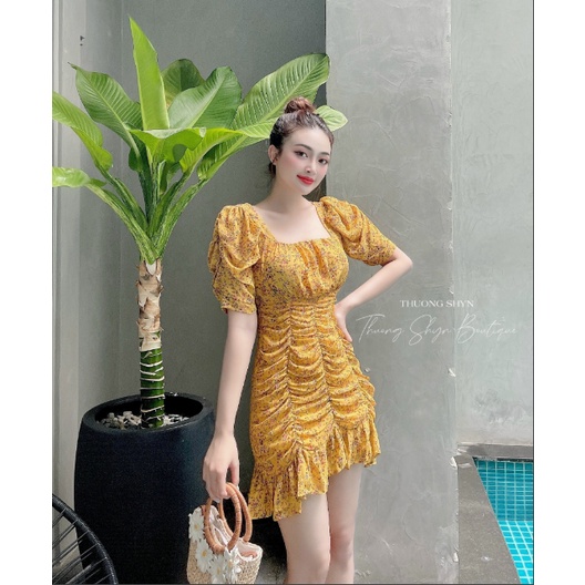 Váy voan hoa nhí cổ vuông nhúm thân C65 - Đầm ôm body điệu đà gợi cảm - Thuongshyn | BigBuy360 - bigbuy360.vn