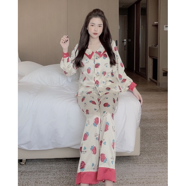Bộ đồ Pijama Bộ Ngủ Lụa Dài Tay Cổ Nhọn xinh xắn | BigBuy360 - bigbuy360.vn