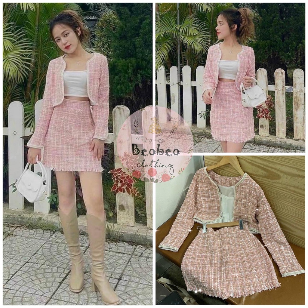 Set áo croptop dạ hồng tay dài kèm chân váy chữ A ulzzang